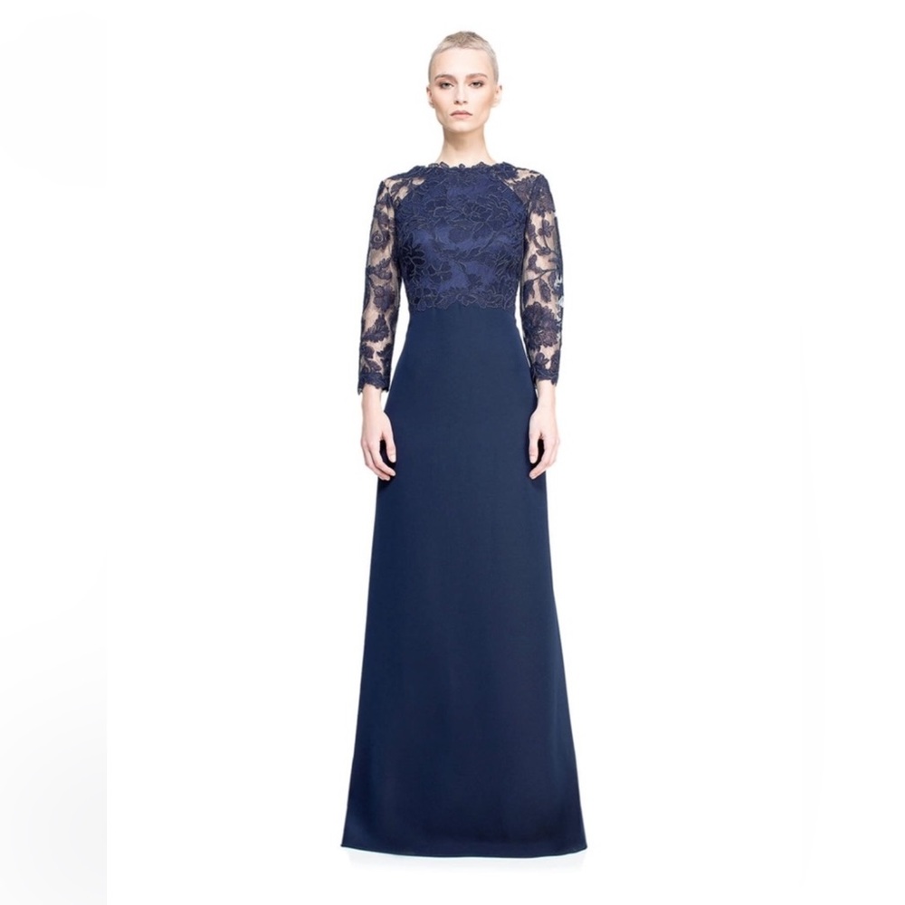 Tadashi Shoji navy floral lace bodice gown